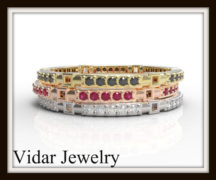 Three Tone Gold Multi Color Gem And Diamond Pave Microbands