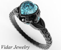 Black Gold Aquamarine Heart And Flowers Engagement Ring