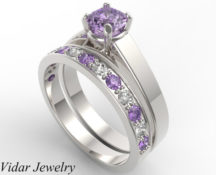 Unique Alternating Amethyst Diamond Wedding Ring Set