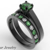 Unique Alternating Emerald Diamond Wedding Ring Set
