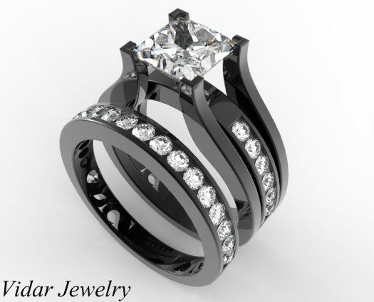 Princess Cut Diamond Wedding Ring Set In Black Gold Unique Design