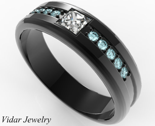 Mens Wedding Band Black Gold Aquamarine Princess Cut Diamond Ring