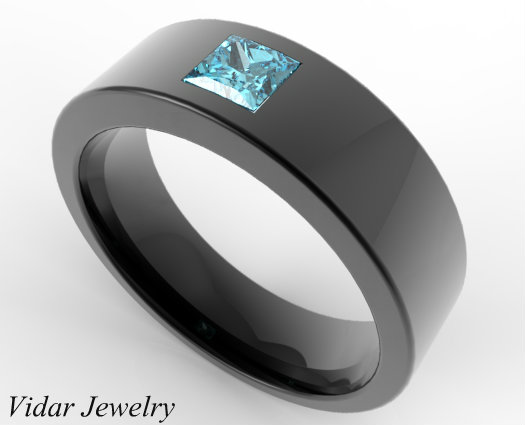 Men's Wedding Band Black Gold Princess Cut Aquamarine Unique Ring