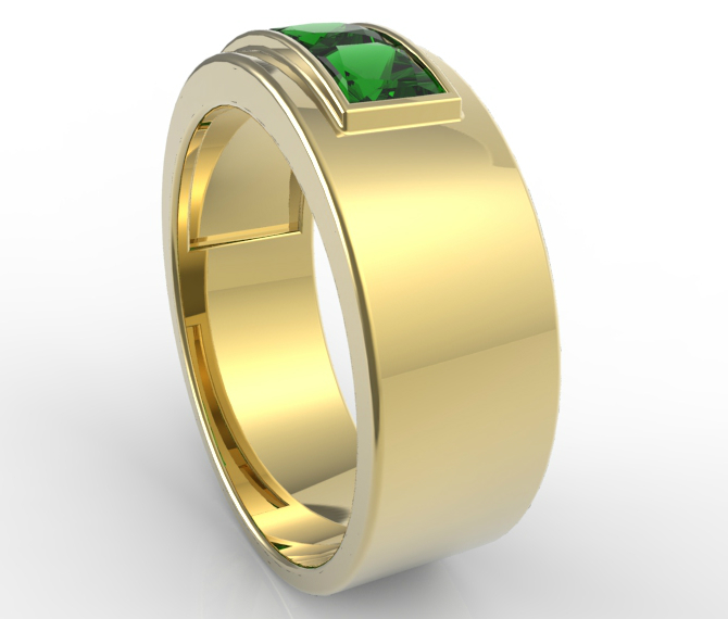 Mens Wedding Band Unique Yellow Gold Ring With Emerald by