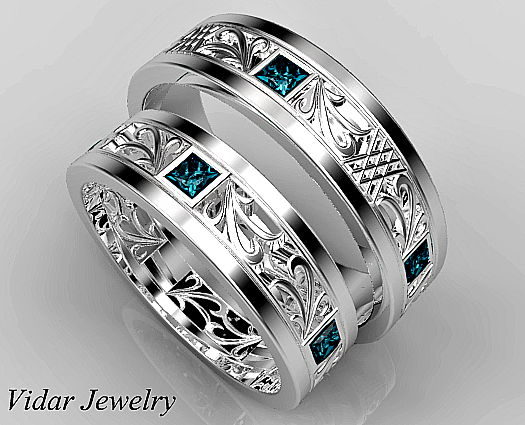Princess Cut Blue Diamond Matching Wedding Ring Set