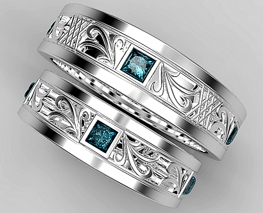 Princess Cut Blue Diamond Matching Wedding Ring Set Vidar Jewelry