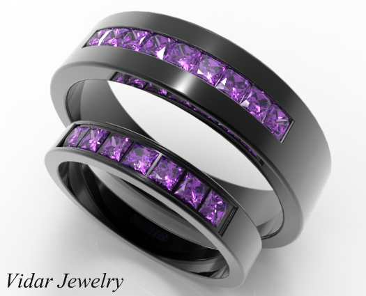 Unique Style Black Gold Amethyst Matching Wedding Rings