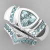 V Style Aquamarine Matching Wedding Bands For Him And Her