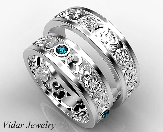 His And Her Blue Diamond Matching Band Set