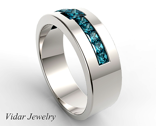 Princess Cut Blue Diamonds Wedding Band For Mens | Vidar Jewelry ...