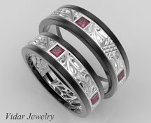 Princess Cut Ruby Unique Matching Wedding Bands in Two Tone