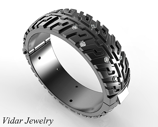 Hinged Wedding Band Black Gold Tire Tread Diamond Ring