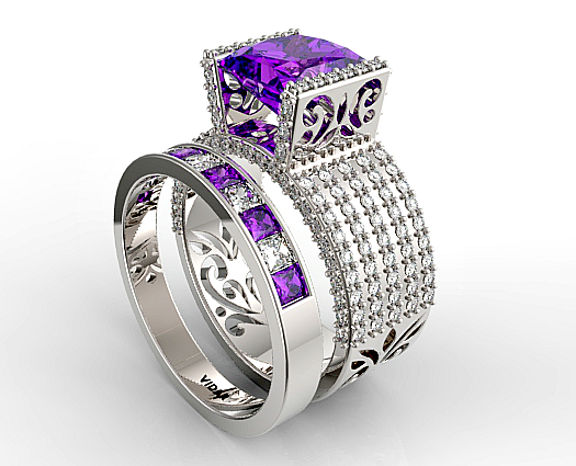 Stunning square cut amethyst Engagement ring with 200 diamonds and matching alternating purple amethyst and diamond Wedding Band. Contact Vidar Jewelry to get
