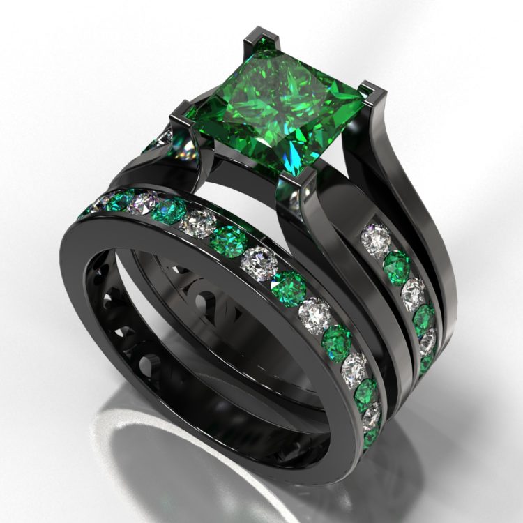 Black Gold Emerald Ring Wedding Set