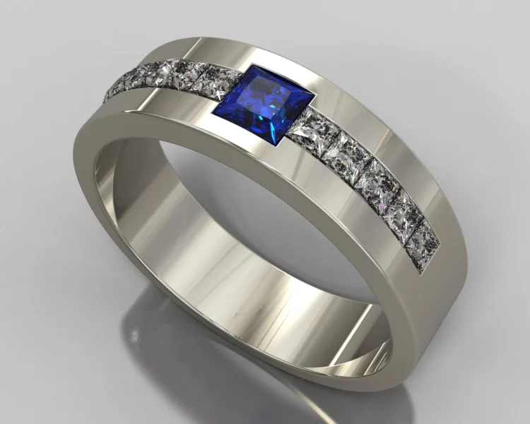 Mens Sapphire And Diamond White Gold Wedding Band - Channel Ring