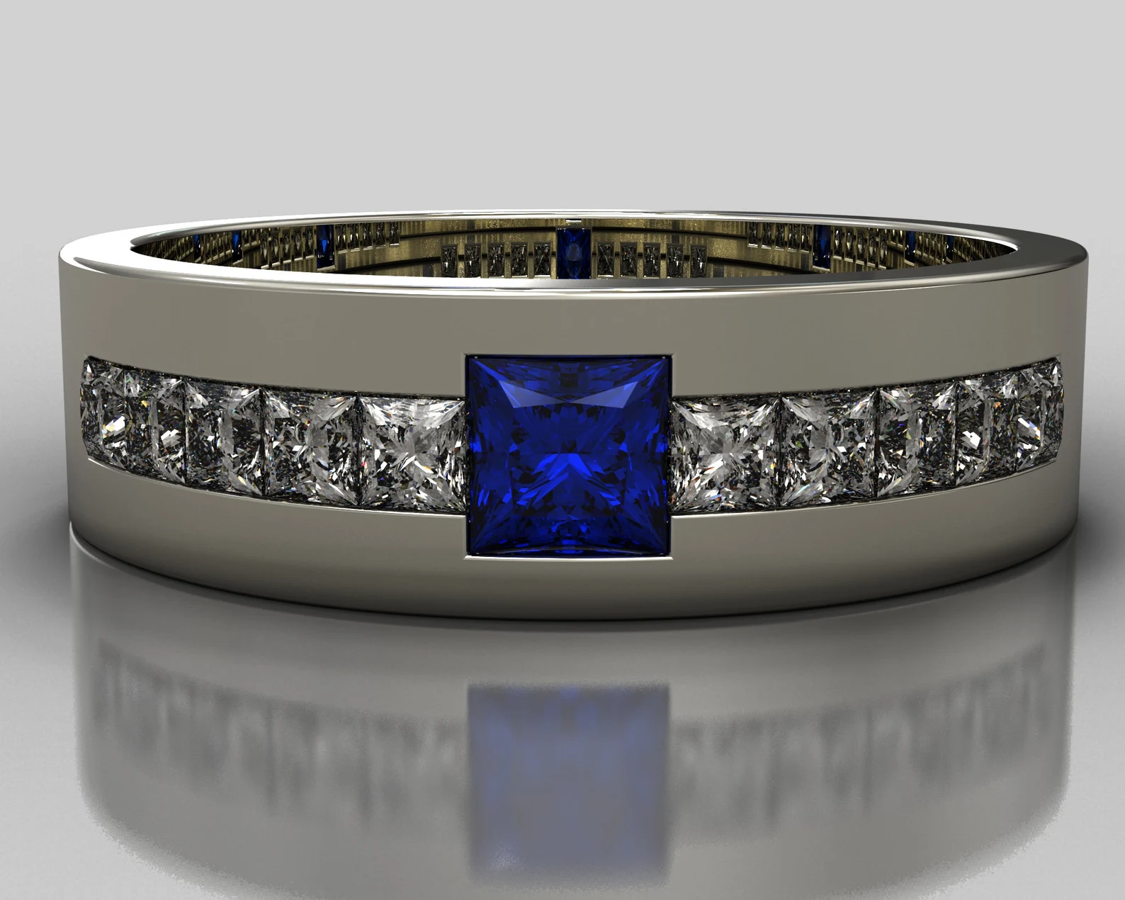 Classic Channel Set Blue and White Diamond Two Tone Gold Mens Ring