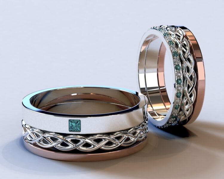Two Tone Gold Blue Diamond Matching Wedding Bands – Celtic Design