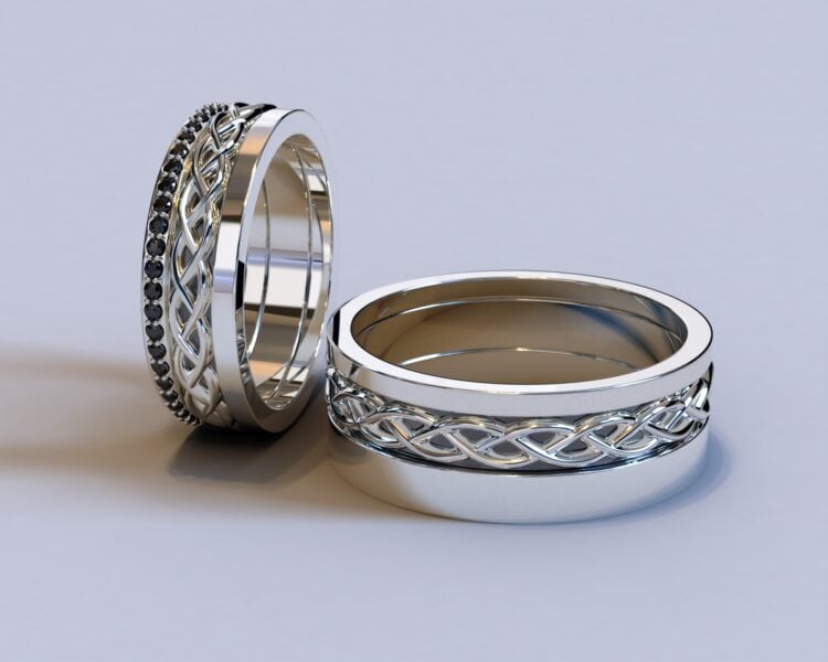 White Gold Black Diamond Matching Wedding Bands – Celtic Design