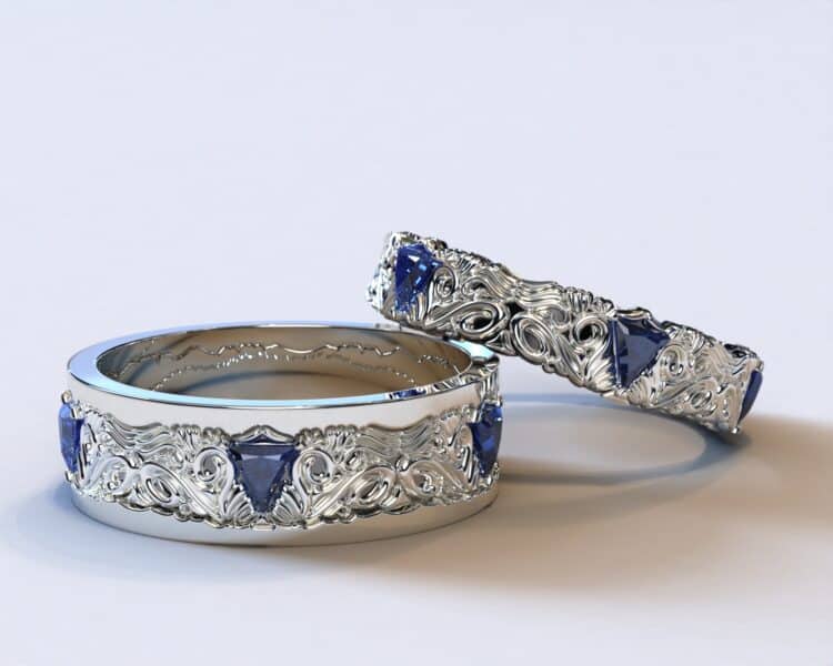 White Gold Sapphire His And Hers Matching Wedding Bands – Triangle Gem