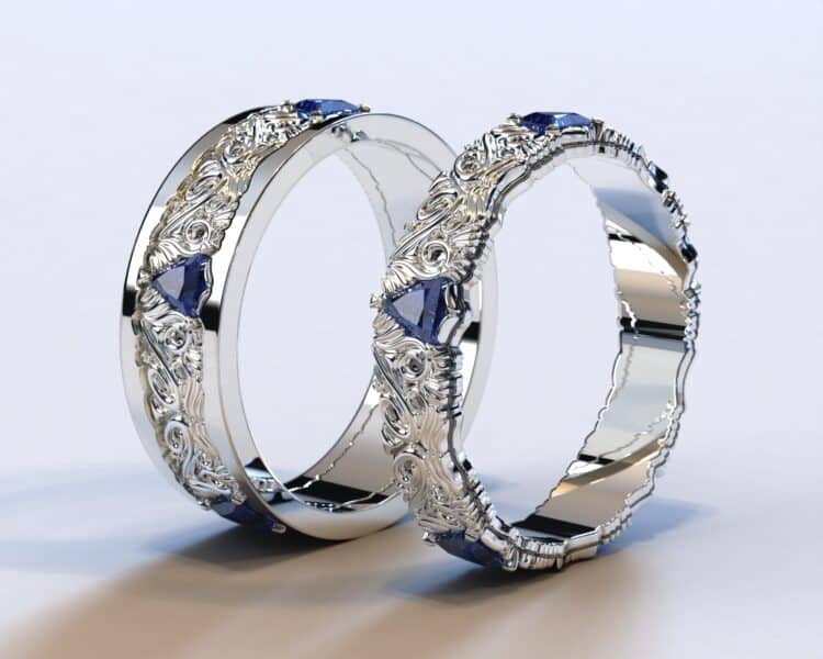 White Gold Sapphire His And Hers Matching Wedding Bands – Triangle Gem