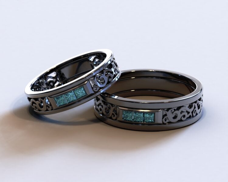 Black Gold Blue Diamond Matching Wedding Bands – Filigree Design
