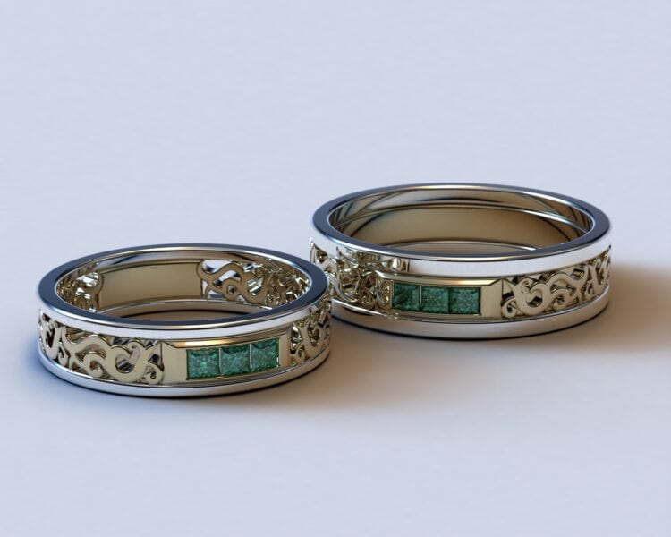 Two Tone Gold Square Emerald Matching Wedding Bands – Filigree Design