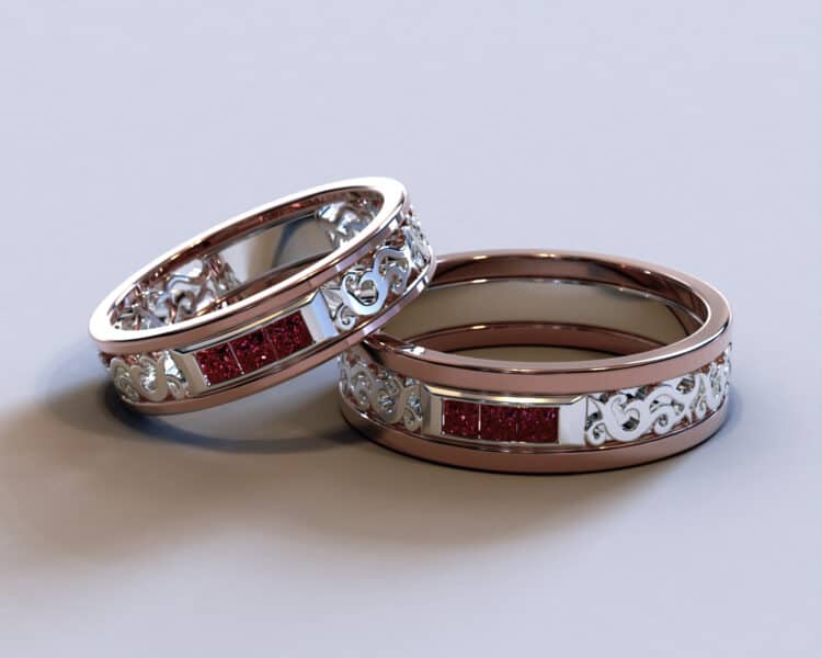Two Tone Rose Gold Square Ruby Matching Wedding Bands – Filigree Design