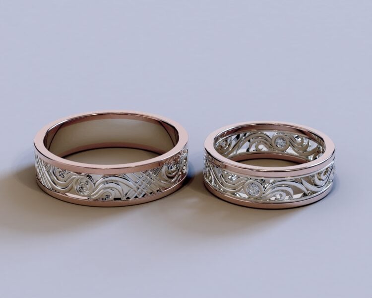 Rose Gold Two Tone Diamond His and Hers Matching Wedding Bands – Filigree Style