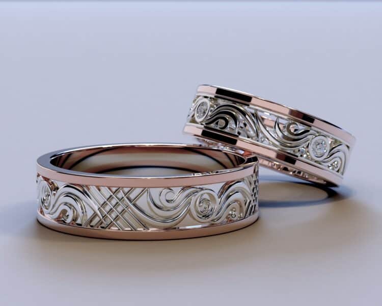 Rose Gold Two Tone Diamond His and Hers Matching Wedding Bands – Filigree Style