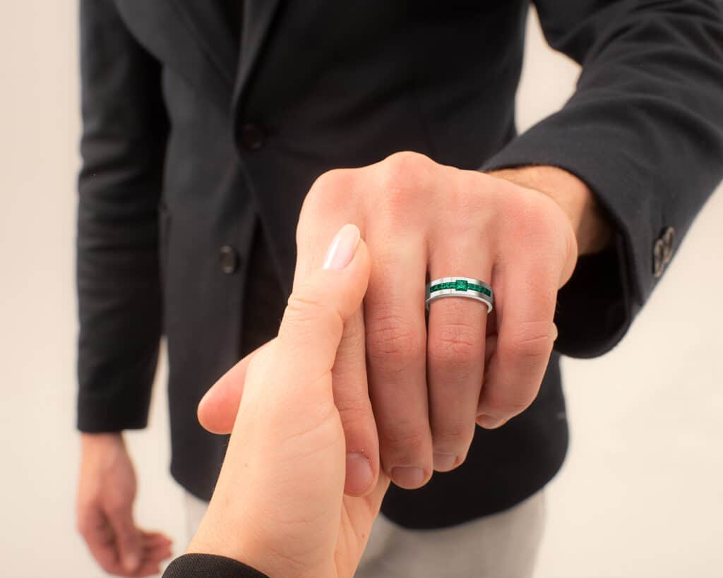 Square Emerald White Gold Wedding Band For Men - Channel Ring