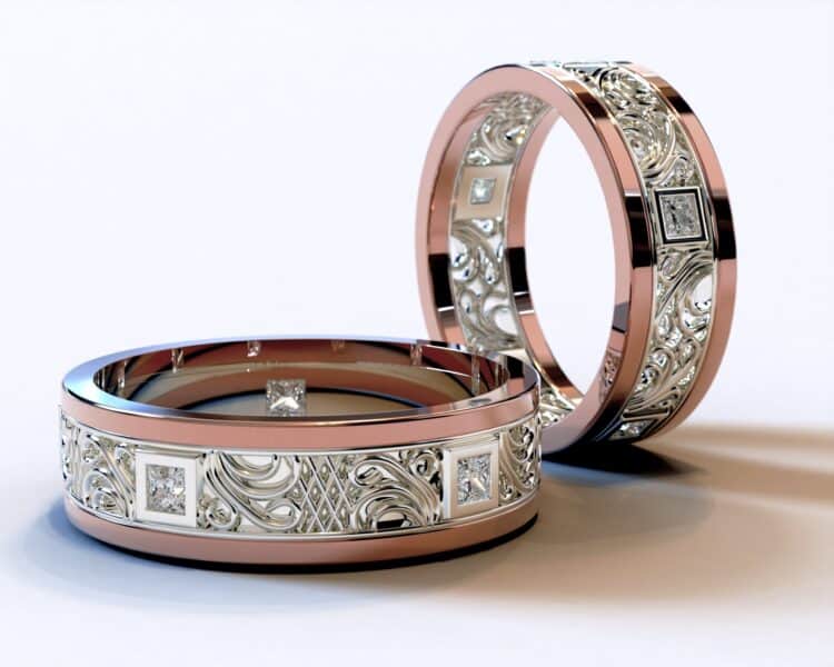Two Tone Rose Gold Diamond Matching Wedding Bands – Princess Gem