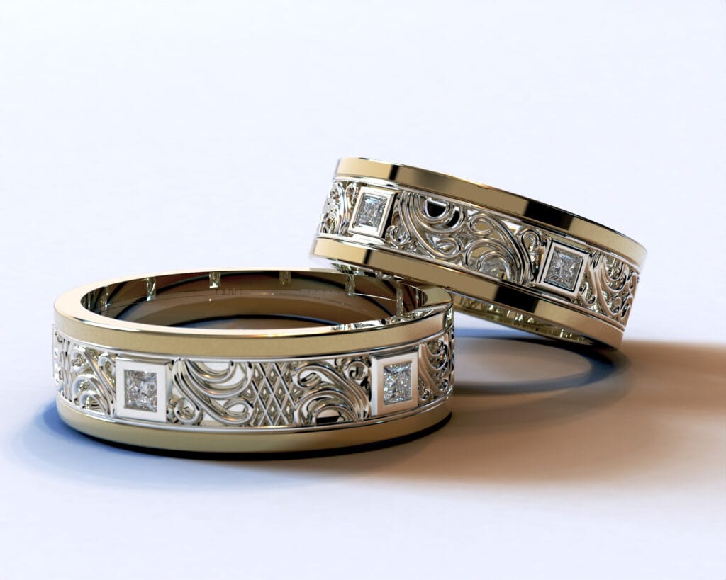 Two Tone Gold Diamond Matching Wedding Bands – Princess Gem