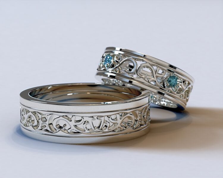 White Gold Blue Diamond Matching Wedding Bands – Unique Floral Rings
