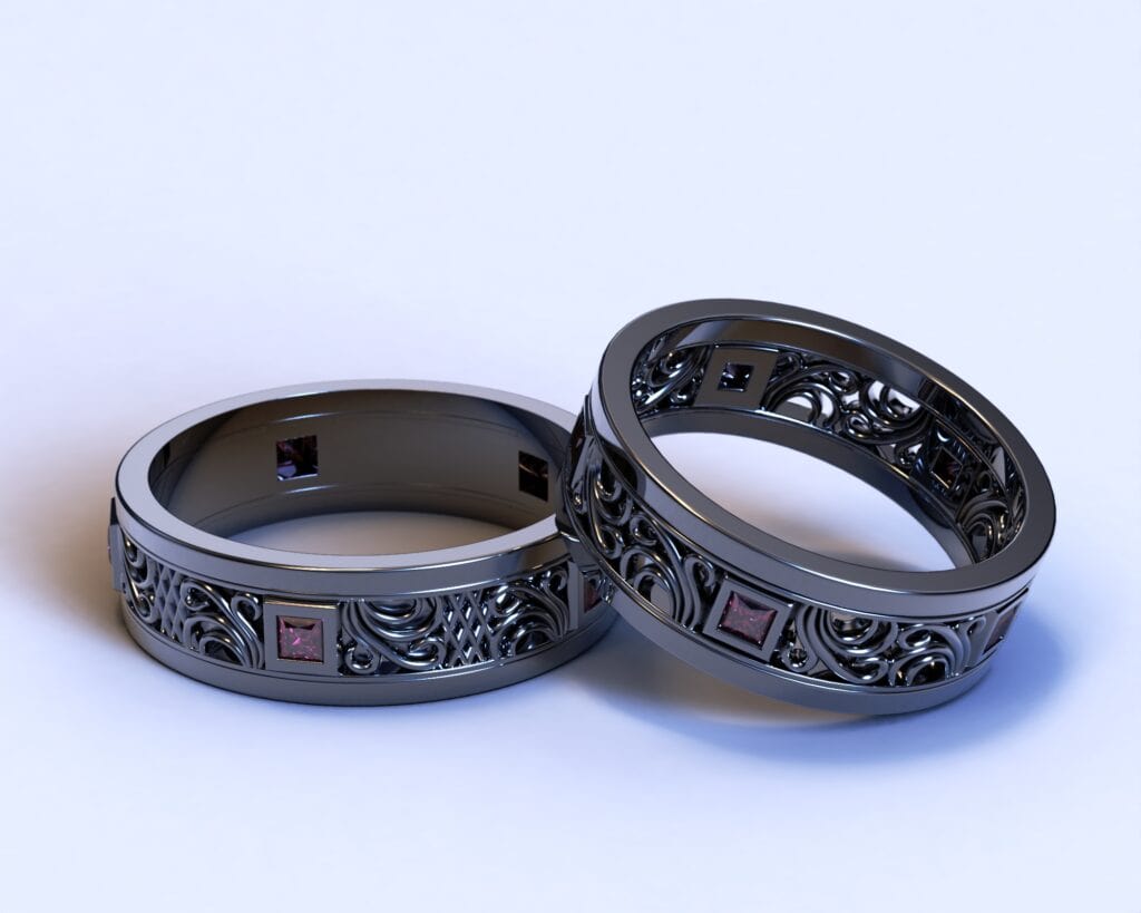 14K Black Gold His And Hers Wedding Bands With Ruby