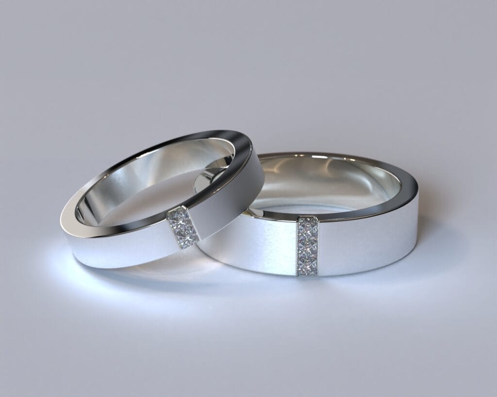 Brushed White Gold Diamond his her wedding rings